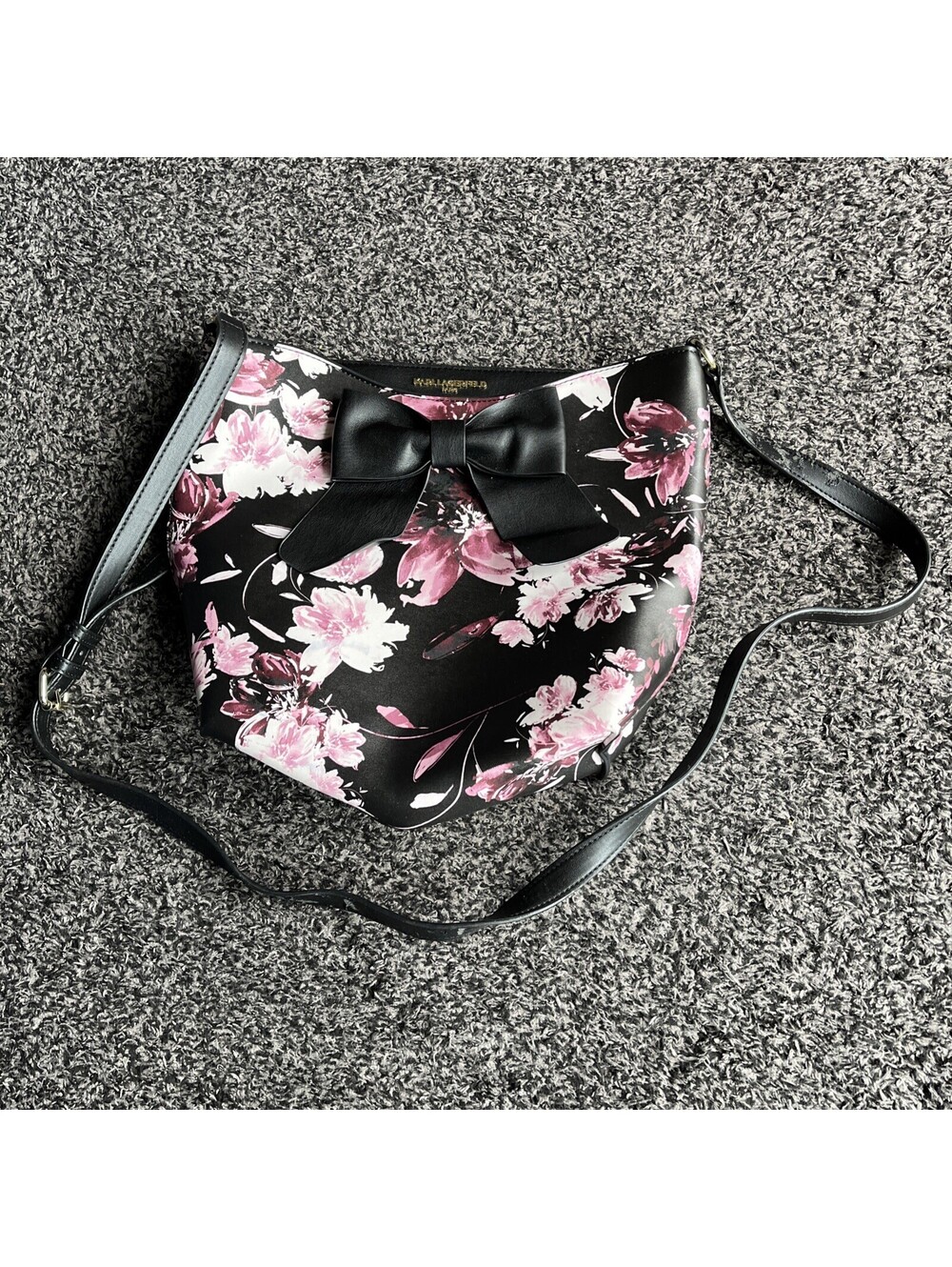KARL LAGERFELD Black Floral Berry Bow Accent Crossbody Shoulder Bag Purse